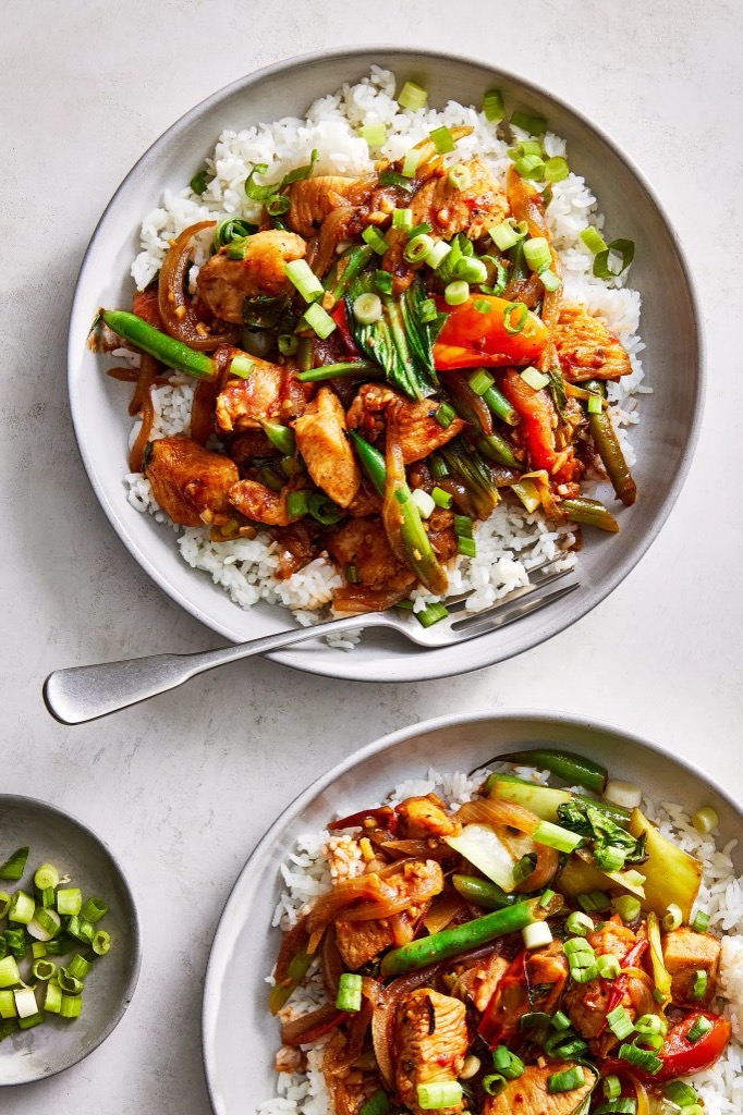 Tamarind chicken stir-fry over rice